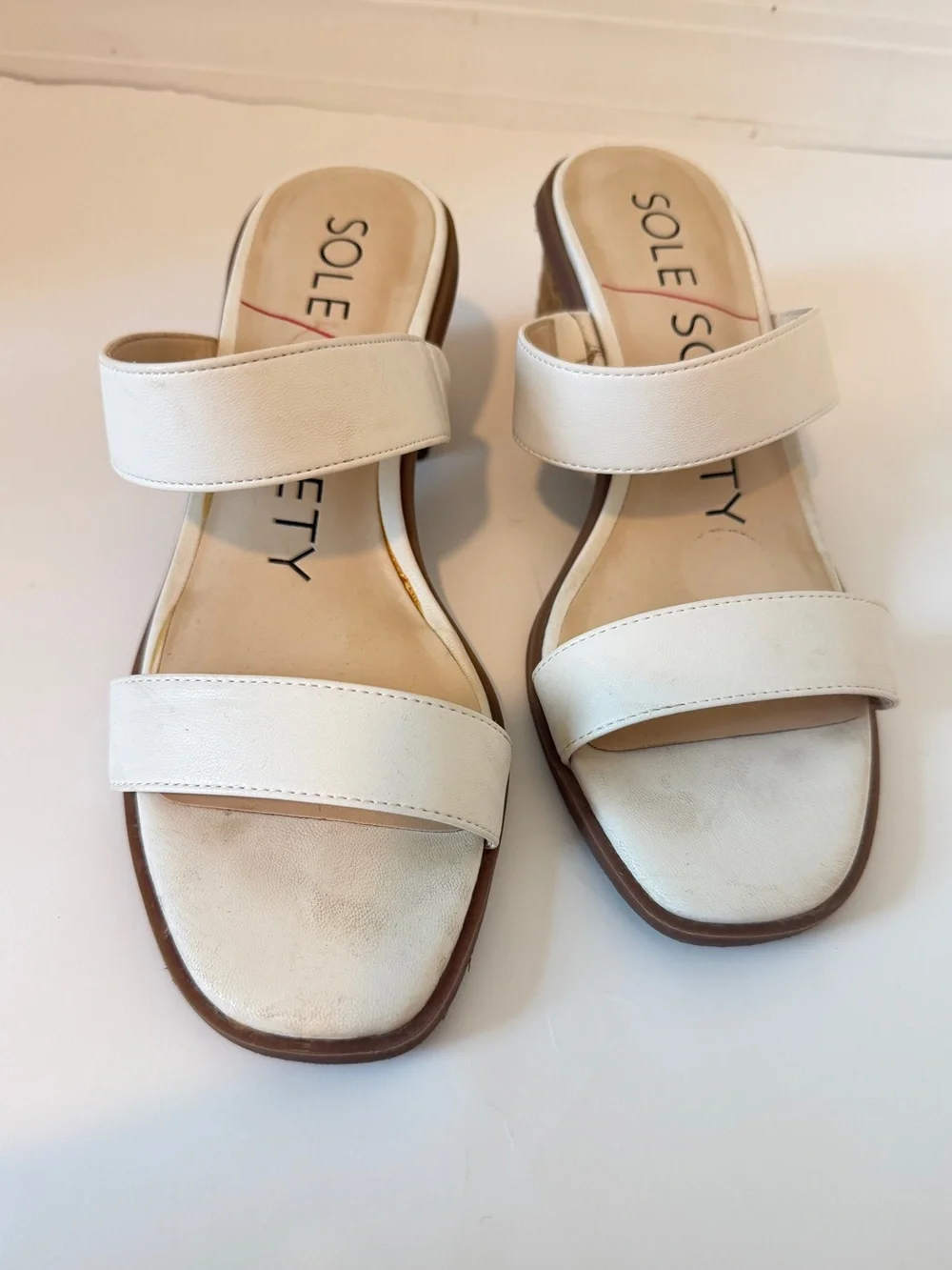 Sole Society Cream Double-Strap Block Heel Sandals